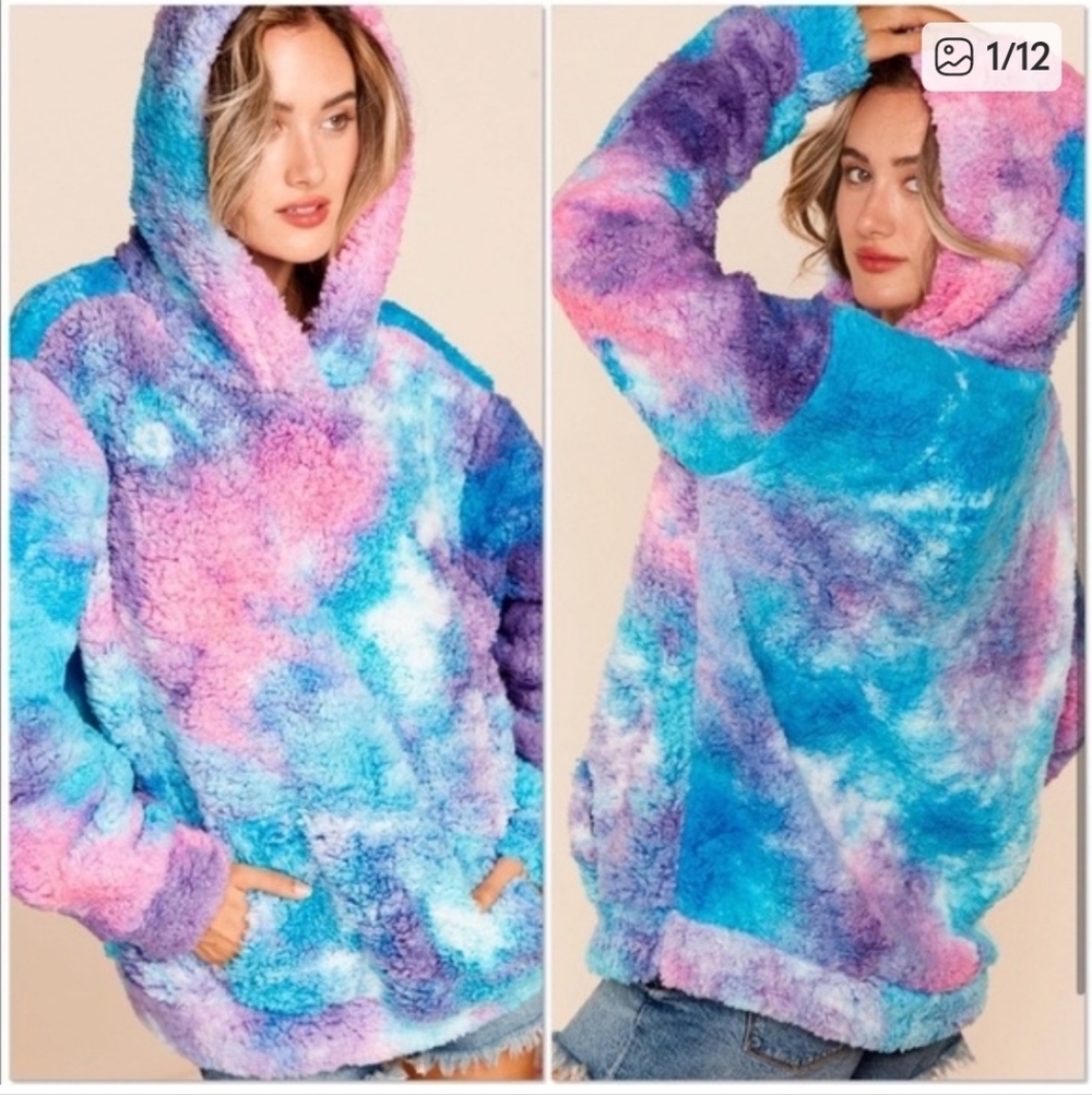 Plush Tie-Dye Cowl Hoodie Sweater - Blue Pink Purple